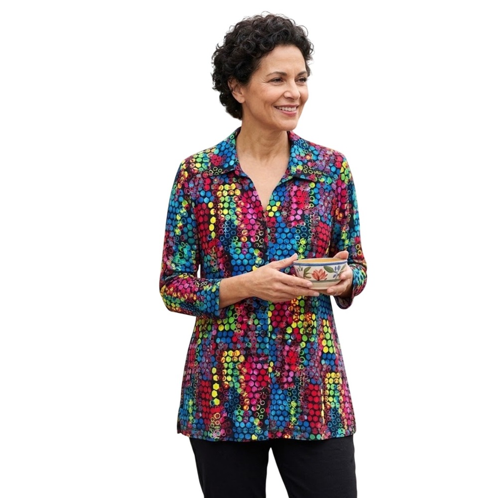 ALI MILES Womens Large Multi Color Honeycomb Geometric Toggle Button Tunic Top